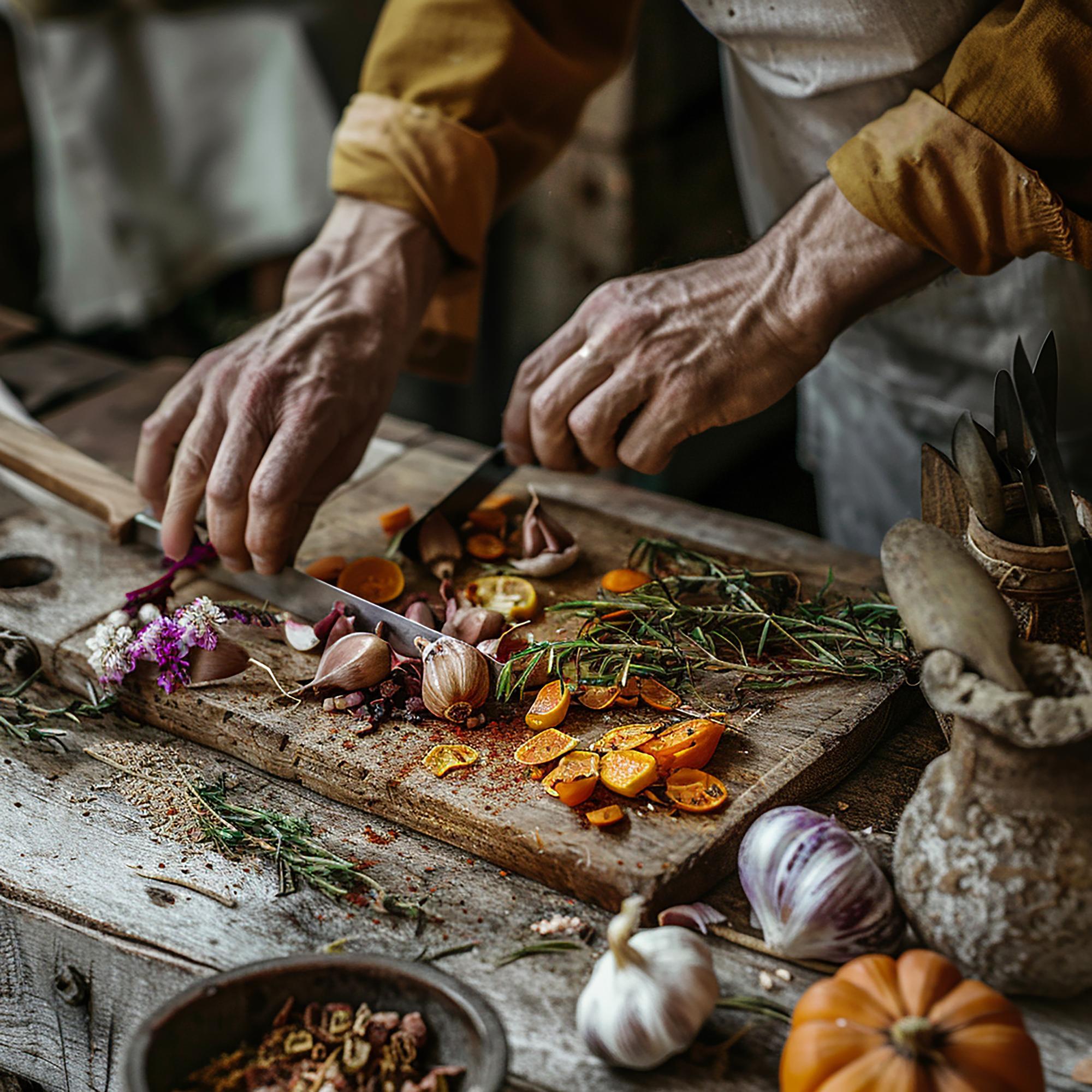 Chef arranging seasonal ingredients on a table